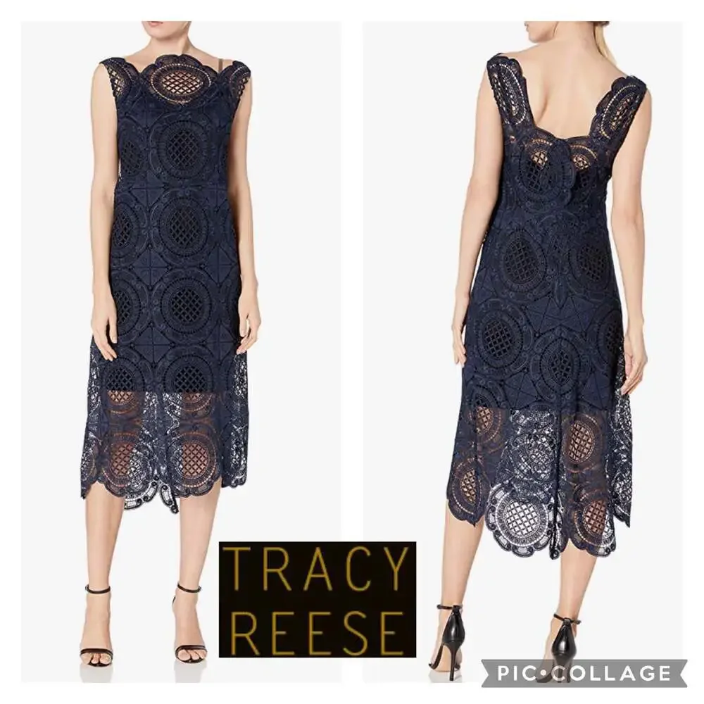 Tracy Reese Navy Surplice sleevless scalloped Lace Embroidered Dress size 4